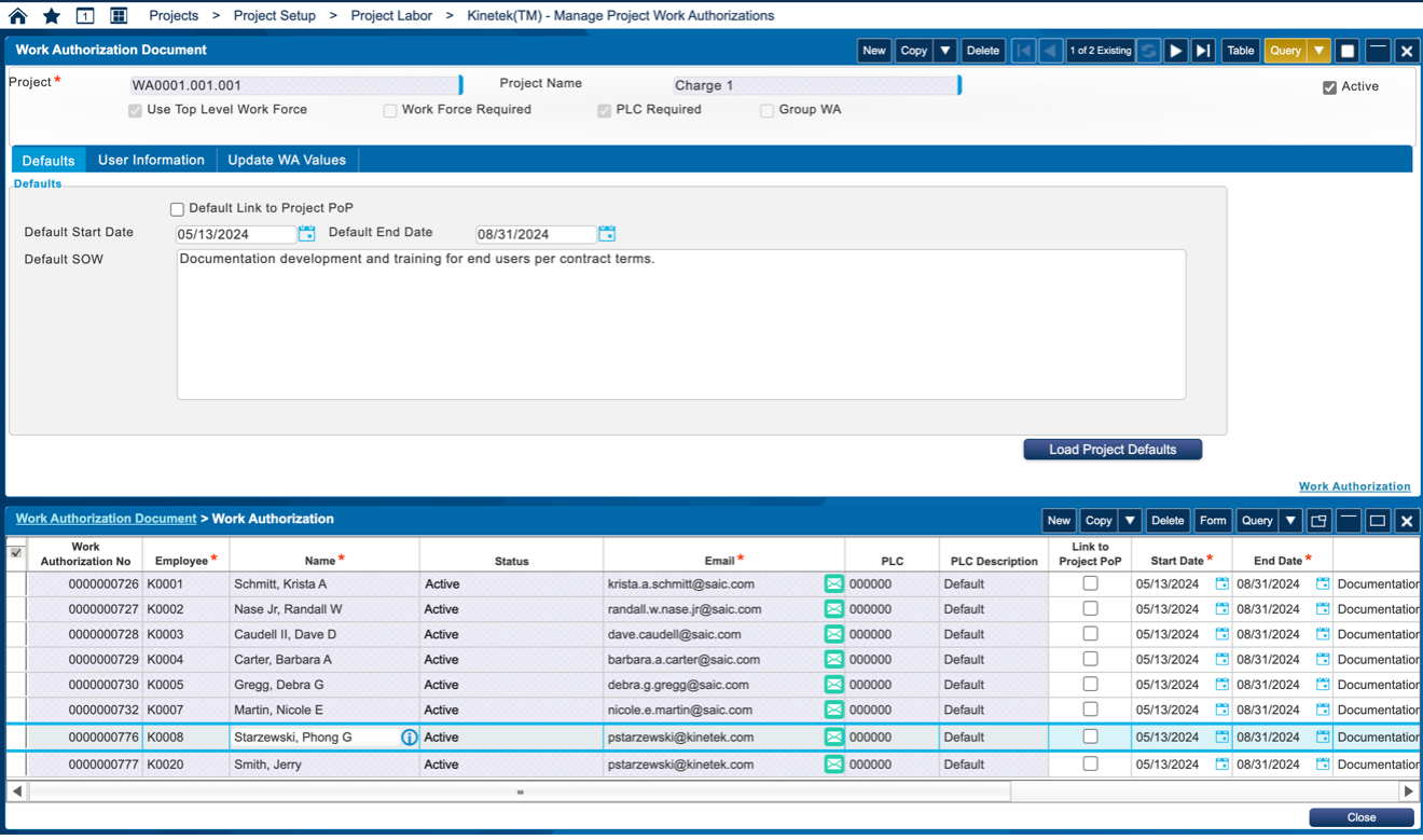 Work Authorization Extension Deltek Costpoint Kinetek